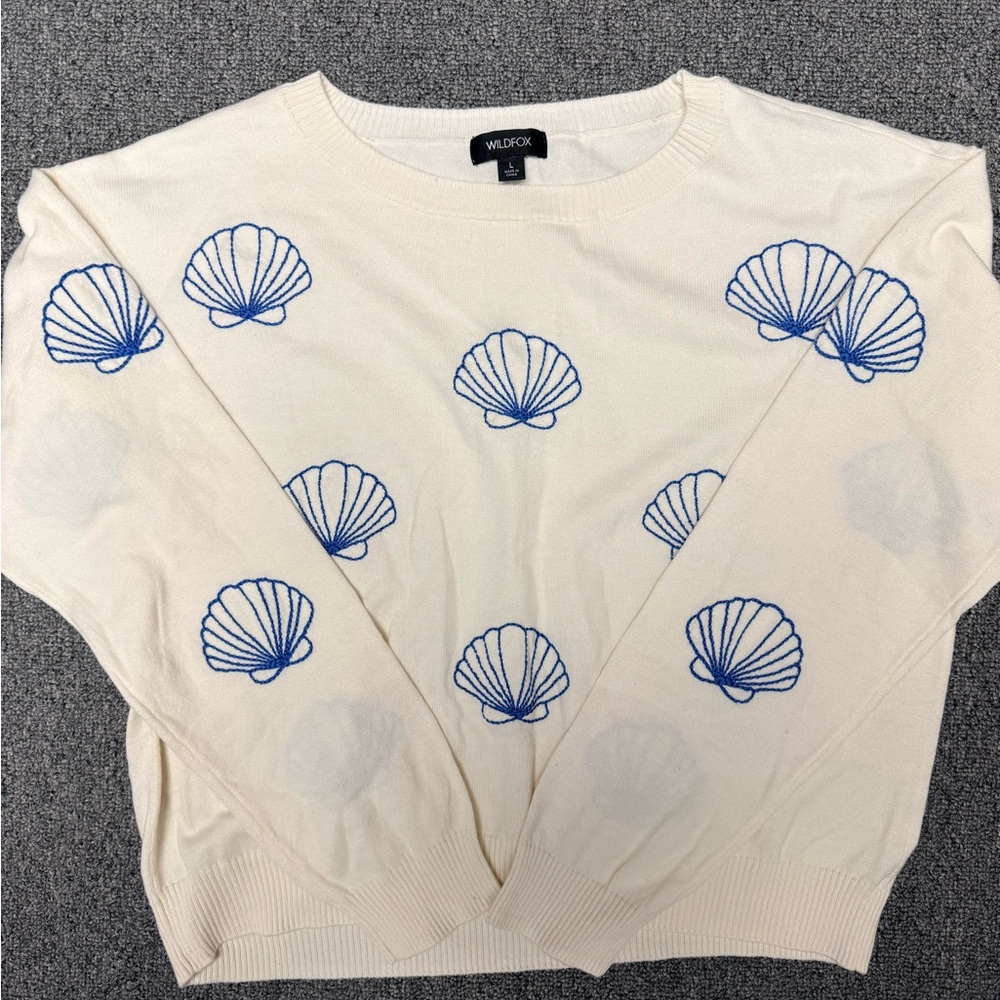 Wildfox Ivory Pullover with Navy Shell Motif